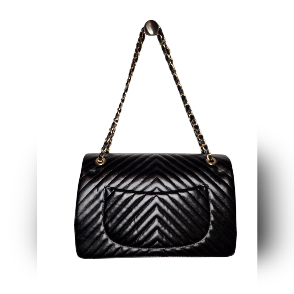 Chevron Black Quilted Shoulder Crossbody Gold Chain Bag - Picture 2 of 7